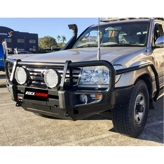 Modified off-road vehicle front bumper with Rockarmor Brushbar for Toyota Landcruiser