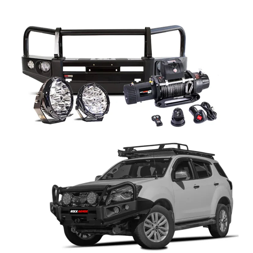 Off-road vehicle accessories featuring Rockarmor Elite Bullbar and synthetic winch rope for Isuzu Mu-X