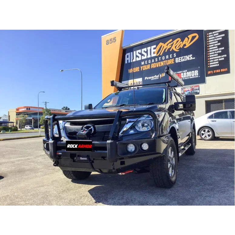 Black off-road truck with Rockarmor Elite Steel Bullbar for Mazda Bt-50 2011-2020