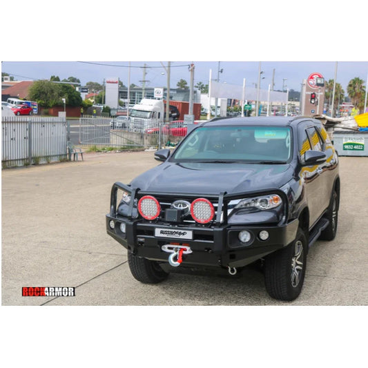 Black SUV with aftermarket elite steel bullbar on Toyota Fortuner 2015-2019