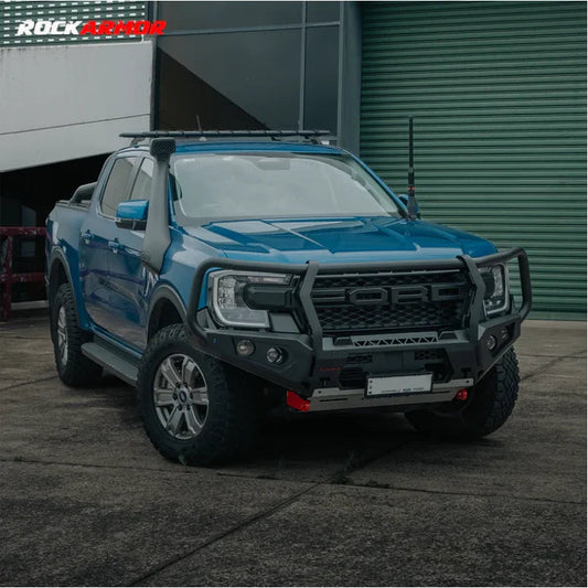 Blue Ford Ranger pickup truck with Rockarmor Gt Steel Hoop Bull Bar and driving lights