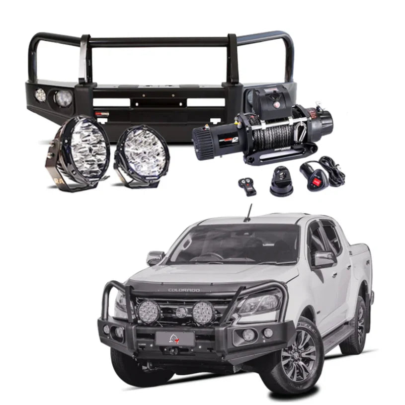 Rockarmor elite bullbar frontal combo in matte black steel with synthetic winch rope for holden colorado 2012-2020