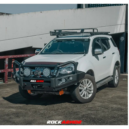 White isuzu dmax with rockarmor elite bullbar frontal combo featuring synthetic winch rope and control box accessories