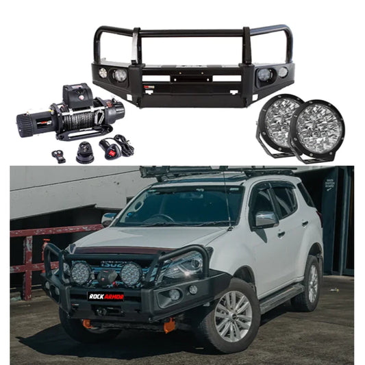 Front view of beige Rockarmor Elite Bullbar frontal combo with synthetic winch rope and driving lights for Isuzu Mu-X