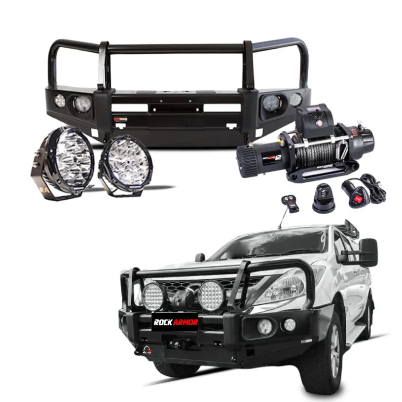 Truck bumper and accessories featuring Rockarmor Elite Bullbar and synthetic winch rope