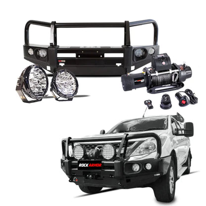 Truck bumper and accessories featuring Rockarmor Elite Bullbar and synthetic winch rope