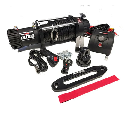 Black electric winch with synthetic winch rope and accessories for rockarmor elite bullbar on mitsubishi triton mq