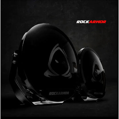 Glossy black off-road lights featured on the rockarmor elite bullbar frontal combo for toyota prado 150 2009-2013