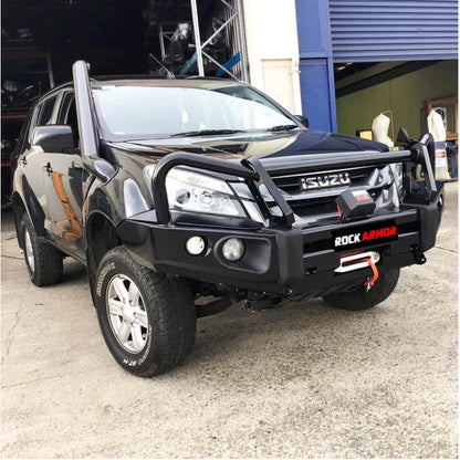 Black Isuzu SUV with Rockarmor Elite Hoop Bullbar and aftermarket bumper