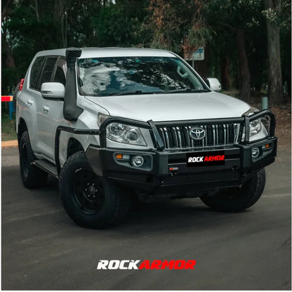 Silver off-road toyota prado bull bar with black rockarmor elite steel and airbag compatible fog lights