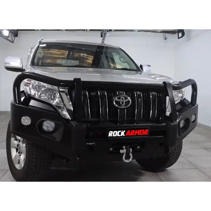 Silver toyota prado fj150 with black rockarmor elite steel bull bar replacement for full front protection