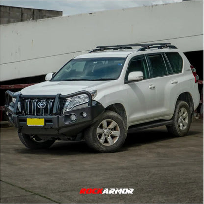 White SUV with elite steel bullbar and roof rack showcasing the Rockarmor Elite Steel Bullbar for Toyota Prado Fj150