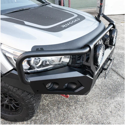 Silver toyota hilux n80 fitted with rockarmor gt hoop steel bullbar featuring black bumper and rated recovery points