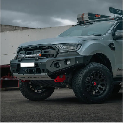 Modified silver Ford Ranger pickup truck featuring rockarmor gt steel hoopless bullbar for Ford Everest