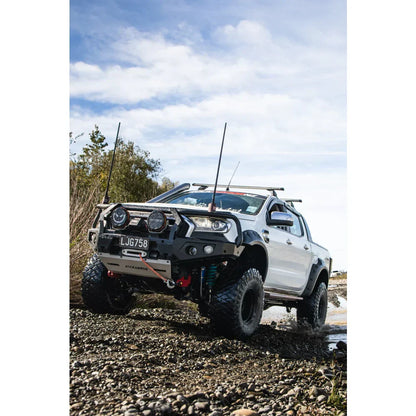 White off-road Ford Ranger PX2 pickup with rockarmor GT steel hoop bullbar and synthetic winch rope combo pack
