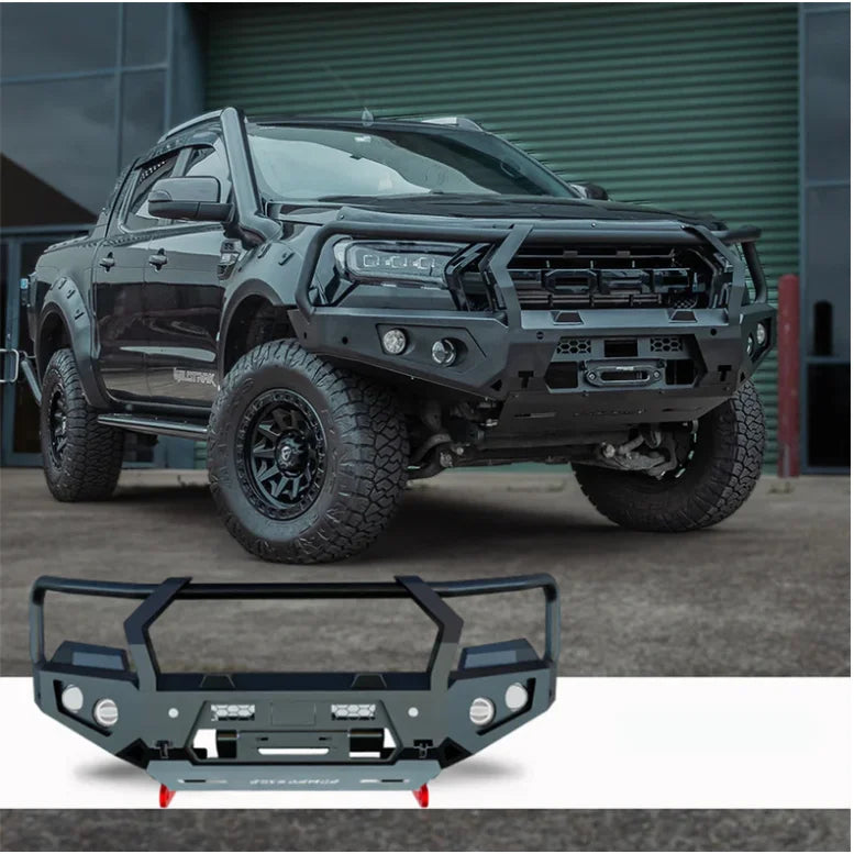 Black pickup truck with Rockarmor GT Steel Hoop Bullbar and driving lights for Ford Ranger