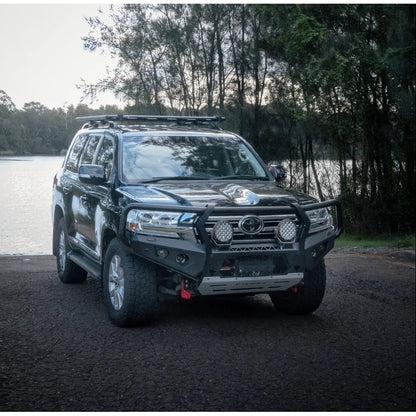Black SUV with aftermarket bull bar featuring rated recovery points for Toyota 200 2015+