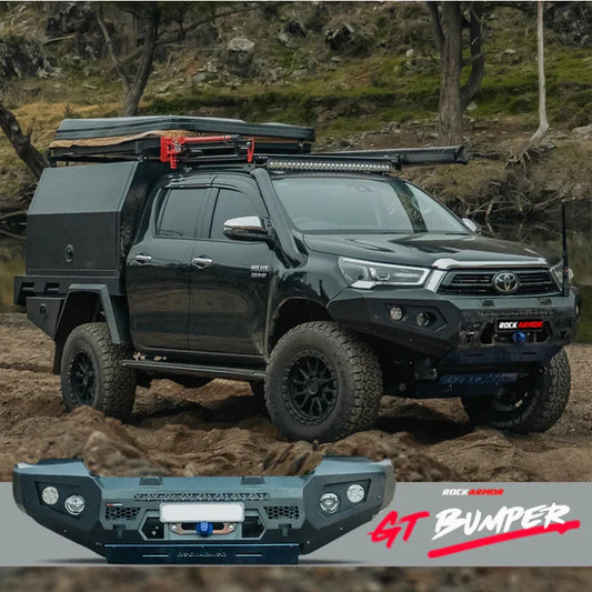 Black off-road truck with Rockarmor GT Steel Bull Bar and driving lights installed