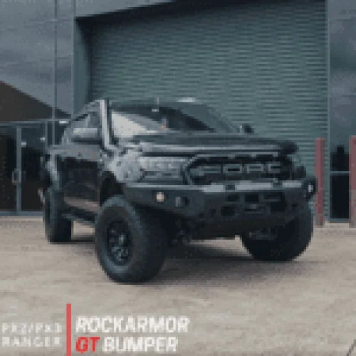 Black Ford Ranger with Rockarmor GT Steel Hoopless Bullbar, enhanced approach angles