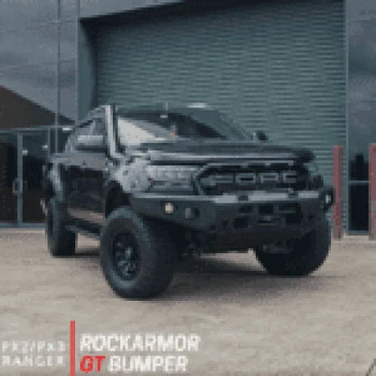 Black Ford Ranger with Rockarmor GT Steel Hoopless Bullbar, enhanced approach angles