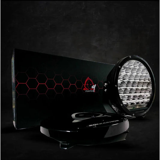 Rockarmor phantom 9inch round led driving light with durable black housing and packaging for off-road use
