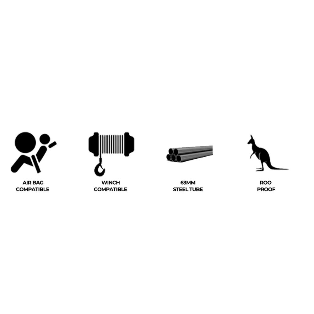 Four icons highlighting key features of the rockarmor premium bullbar for mitsubishi triton challenger with synthetic winch rope