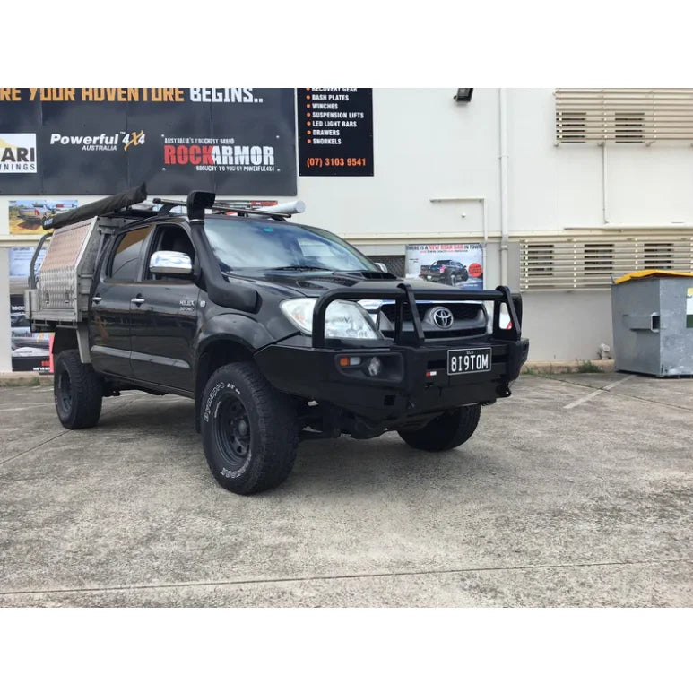 Black modified toyota hilux n70 featuring rockarmor premium steel bull bar with bumper cut from 2005 to 2011