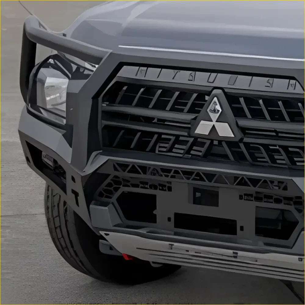 Black metal front bumper with integrated grille and mitsubishi logo for rockarmor rock pack isuzu mux 2020-2024
