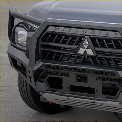 Black metal front bumper with integrated grille and mitsubishi logo for rockarmor rock pack isuzu mux 2020-2024