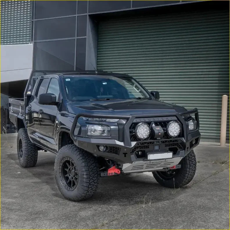 Black lifted isuzu mux with rockarmor gt hoop bullbar front bumper and rugged off-road tires from 2020-2024 model