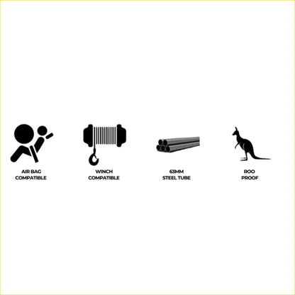 Black silhouette icons show airbag and winch compatibility 63mm steel tube and roof proof features for rockarmor rock pack bullbar