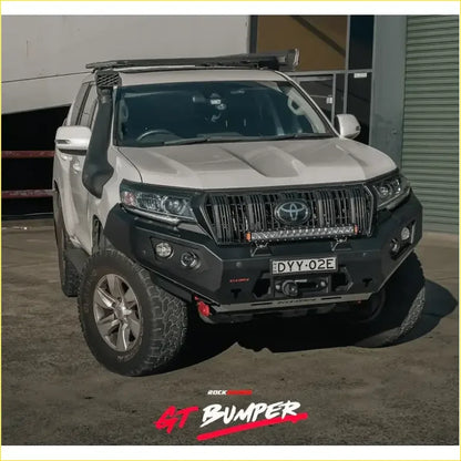 White toyota land cruiser prado with black gt hoopless bullbar and roof rack from rockarmor rock pack