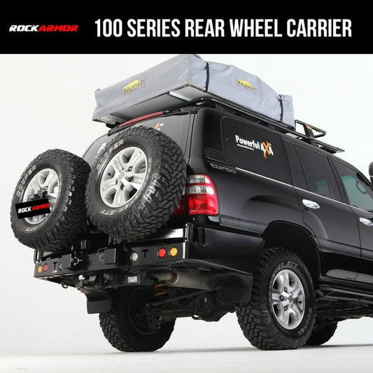 Black toyota landcruiser rear bar with rockarmor steel dual wheel carrier and roof tent showing rear side view