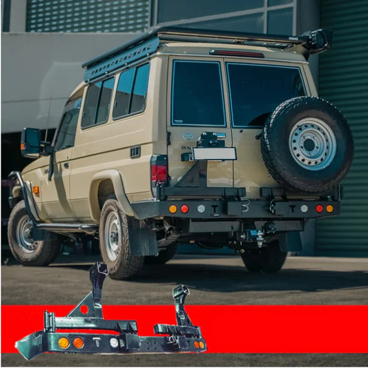 Rear view of rockarmor steel dual wheel carrier in black on toyota landcruiser fj75 1992-2006 troopy wagon