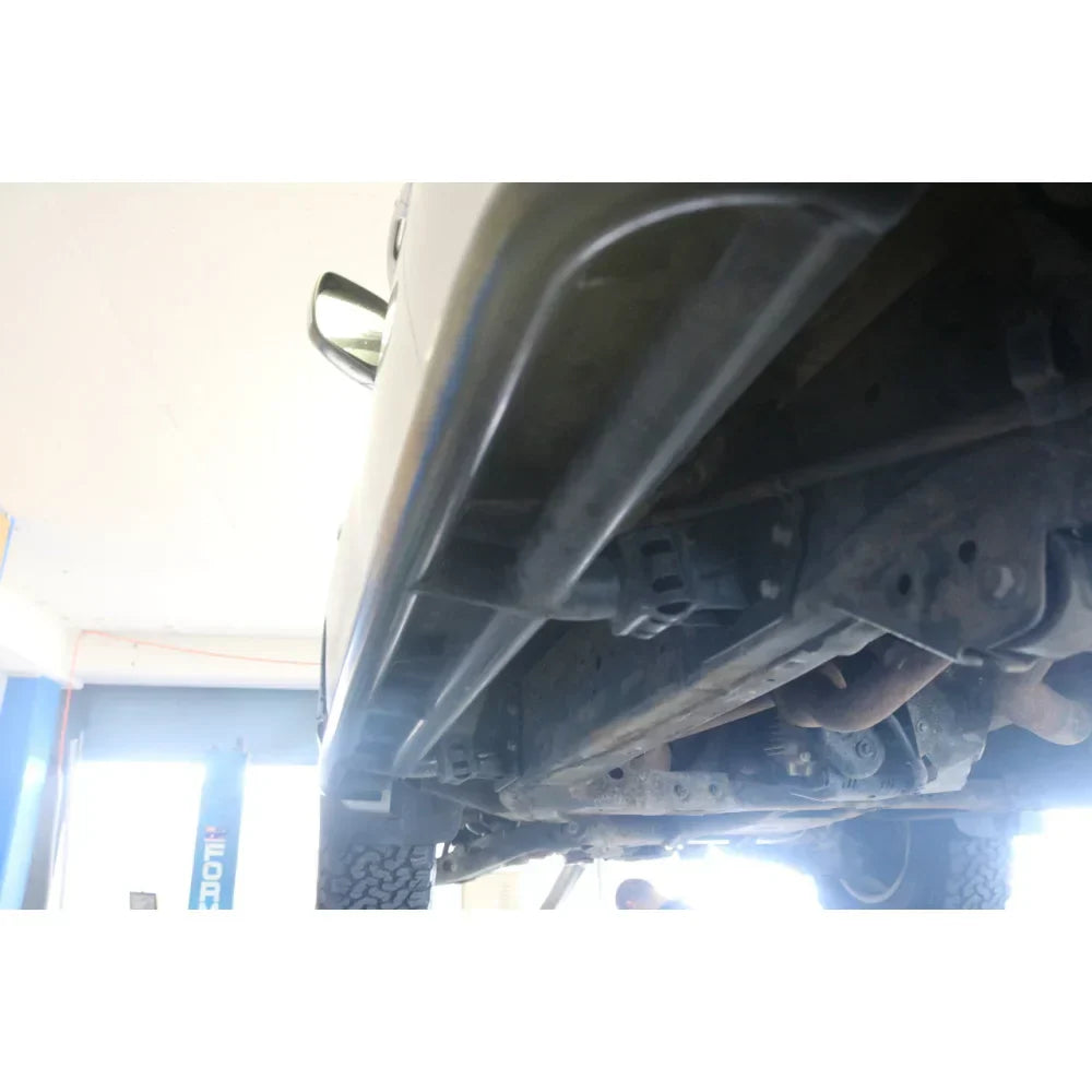 Underside view of steel rockslider checker plate step full bar replacement for toyota prado 250 2024 to current chassis