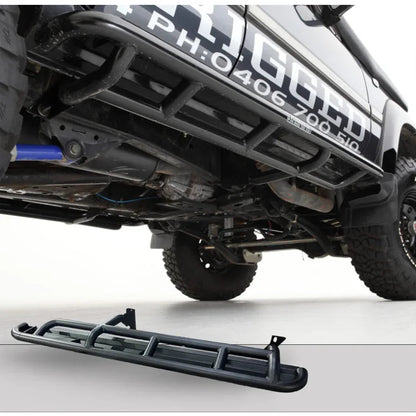 Black metal rock sliders with steel checker plate design for Toyota Landcruiser Fj80 1990-1997
